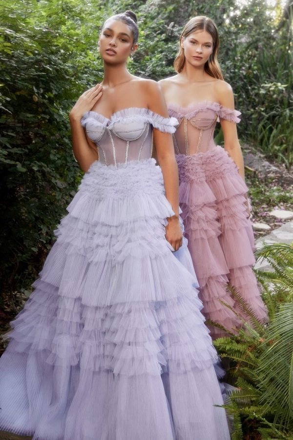 Rhinestone Corset Ruffle Off Shoulder Sheer Bodice Long Prom Dress CDA1150 - Image 19