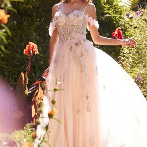 A-Line Off Shoulder 3D Floral Tulle Skirt Long Prom Dress CDA1330