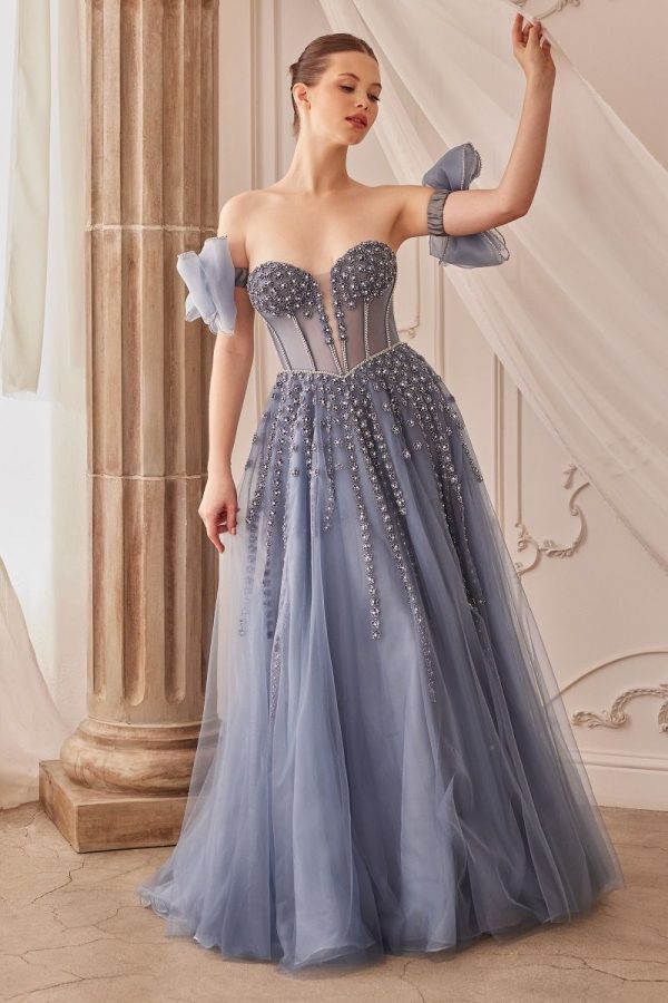 Strapless Beaded Bow Sleeves Accessories Illusion Sweetheart Long Ball Dress CDA1338 - Image 3