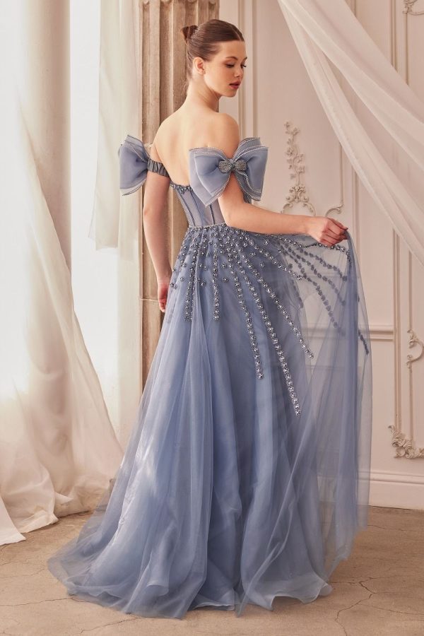 Strapless Beaded Bow Sleeves Accessories Illusion Sweetheart Long Ball Dress CDA1338 - Image 4