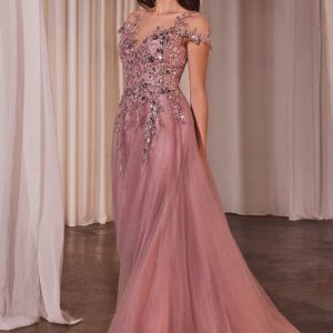 A-Line Cap Sleeves Embroidered Bodice Long Prom Dress CDA1350