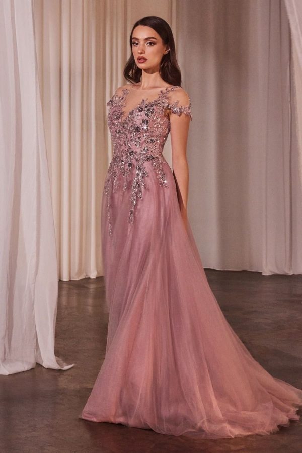 A-Line Cap Sleeves Embroidered Bodice Long Prom Dress CDA1350