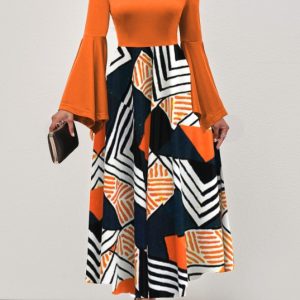 Ladies' Round Neck Printed Irregular Cuff Design Fashionable Dress