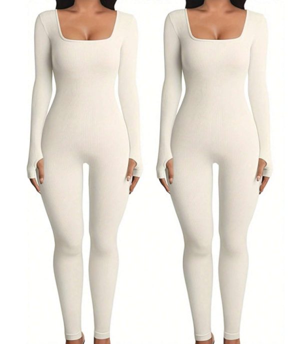 Women's Yoga Sports Fitness Jumpsuit Workout Long Sleeve Square Collar Clothing - Image 9