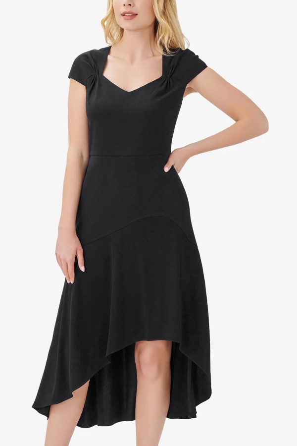Adrianna Papell Bertha Neck Cap Sleeve Fit Flare Solid High Low Hem Crepe Dress - Image 3