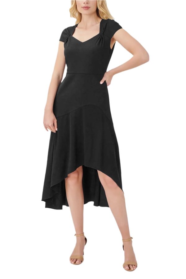 Adrianna Papell Bertha Neck Cap Sleeve Fit Flare Solid High Low Hem Crepe Dress - Image 5