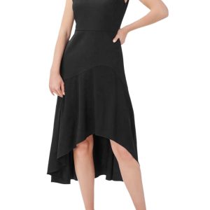 Adrianna Papell Bertha Neck Cap Sleeve Fit Flare Solid High Low Hem Crepe Dress