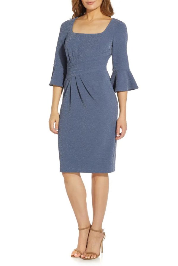 Adrianna Papell Square Neck 3/4 Bell Sleeves Back Zipper Short Metallic Knit Dress - Image 4