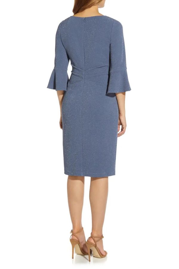 Adrianna Papell Square Neck 3/4 Bell Sleeves Back Zipper Short Metallic Knit Dress - Image 3