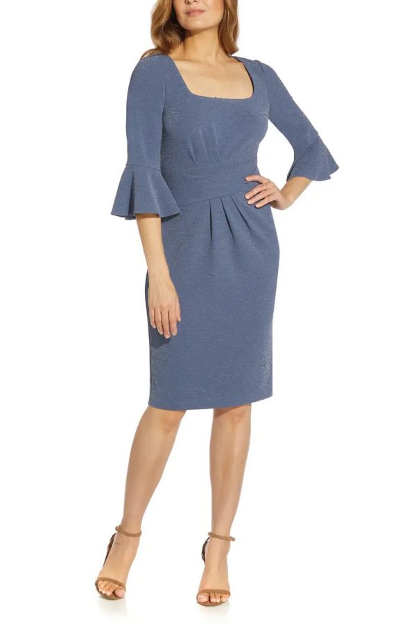 Adrianna Papell Square Neck 3/4 Bell Sleeves Back Zipper Short Metallic Knit Dress - Image 2