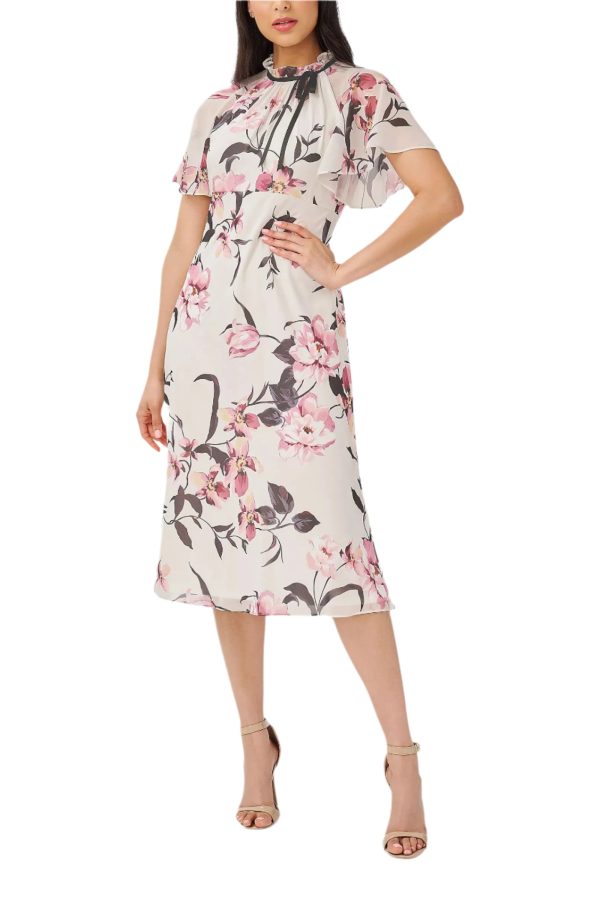 Adrianna Papell Halter Neck Short Flutter Sleeves Back Zipper Midi Floral Dress - Image 4