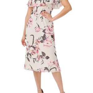 Adrianna Papell Halter Neck Short Flutter Sleeves Back Zipper Midi Floral Dress