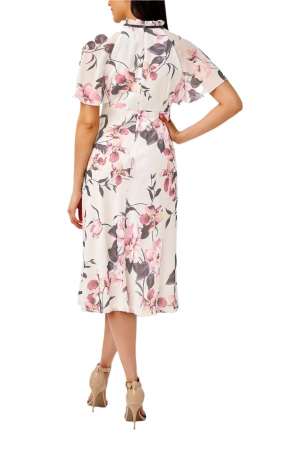 Adrianna Papell Halter Neck Short Flutter Sleeves Back Zipper Midi Floral Dress - Image 2
