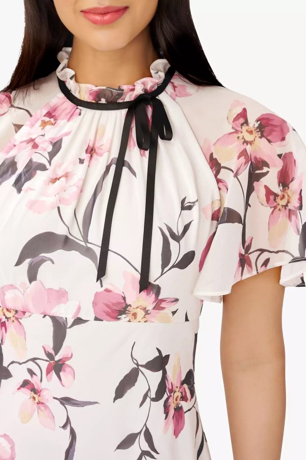 Adrianna Papell Halter Neck Short Flutter Sleeves Back Zipper Midi Floral Dress - Image 3