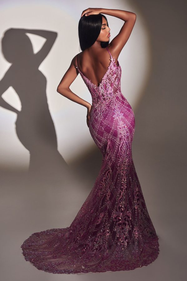 Fitted Glitter Mermaid Shimmer V-neck V-back Elongated Hem Long Prom & Bridesmaid Dress CDCC2168 - Image 2