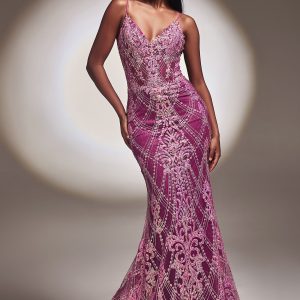 Fitted Glitter Mermaid Shimmer V-neck V-back Elongated Hem Long Prom & Bridesmaid Dress CDCC2168