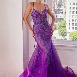 Embellished Mermaid Open Criss Cross Back Long Evening Dress CDCC2253