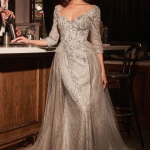 LONE SLEEVE LACE FITTED DRESS & OVERSKIRT