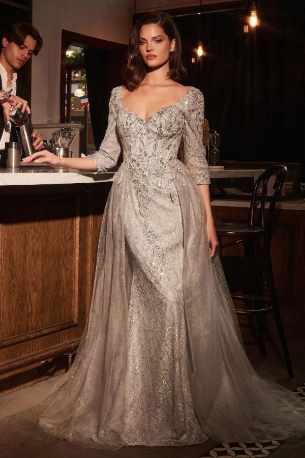 LONE SLEEVE LACE FITTED DRESS & OVERSKIRT - Image 22