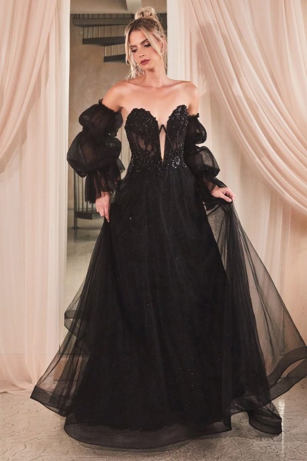 Strapless Removable Sleeves Off Shoulder Tulle Skirt Long Ball Dress CDCD830 - Image 2