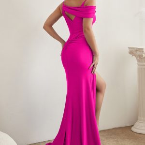 Assymetrical Shoulder V-Neck Glittery Bodice Sexy Stretch Long Prom Dress CDCD881