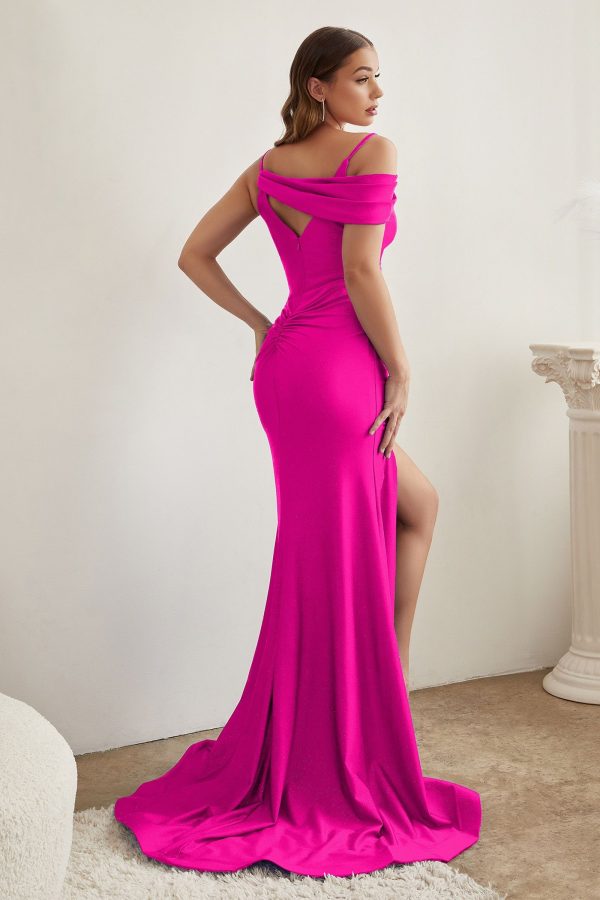 Assymetrical Shoulder V-Neck Glittery Bodice Sexy Stretch Long Prom Dress CDCD881 - Image 24