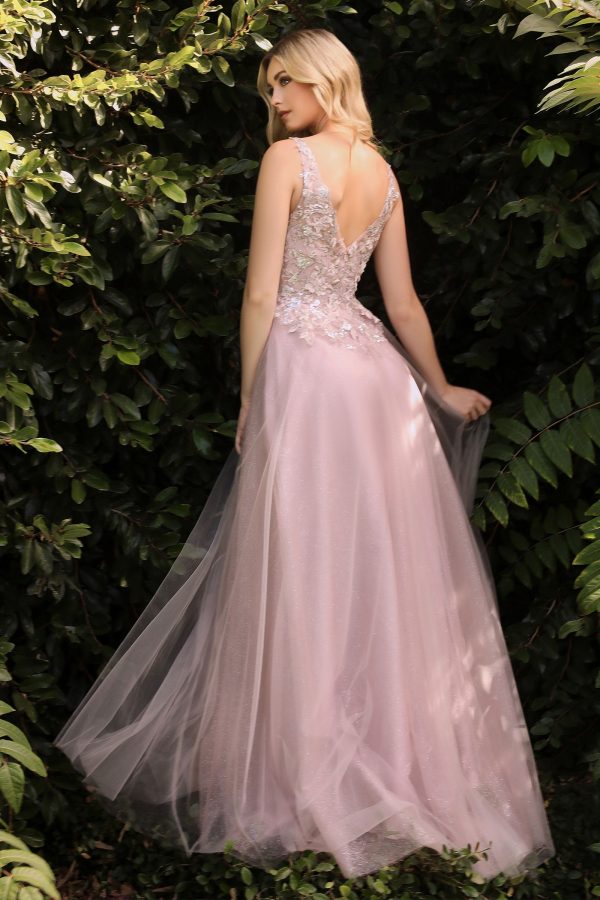 Floral A-line Embroidered Deep V Neck Open Back Cut Layered Plus Size Long Prom Dress CDCDS409C - Image 2