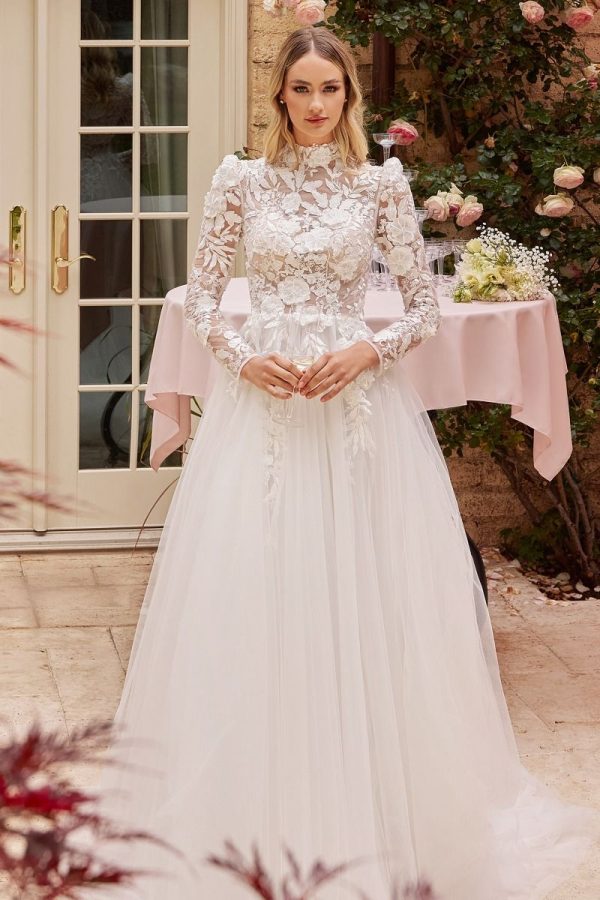 Long Sleeves Embroidered Lace High Neck Long Wedding Dress CDCDS433W - Image 2