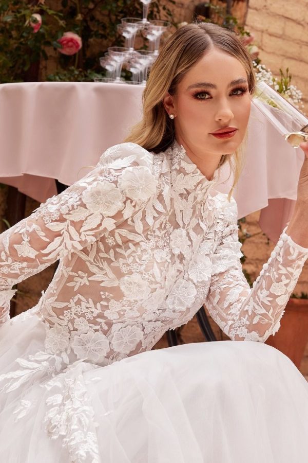 Long Sleeves Embroidered Lace High Neck Long Wedding Dress CDCDS433W - Image 5