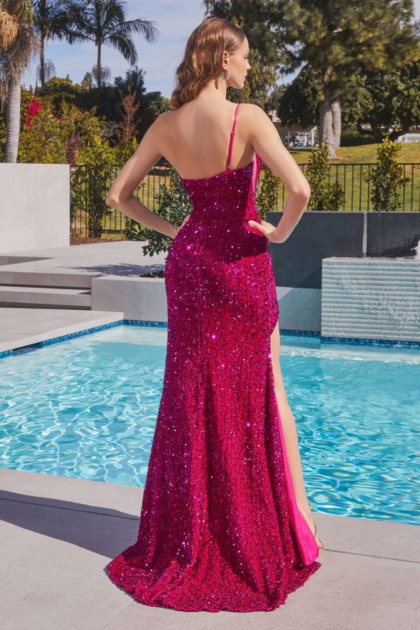 One Shoulder Mid Open Back Bodice Velvet Sequin Long Prom Dress CDCH111 - Image 34