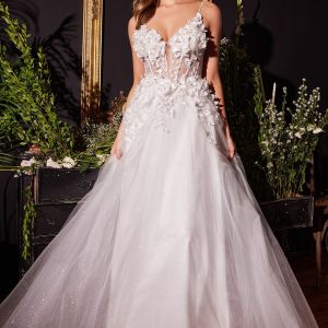Floral Applique A-line Tulle Boned Bodice V-neck Open Back Long Bridal & Wedding Dress CDCM321W