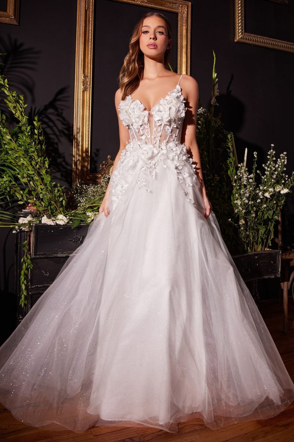 Floral Applique A-line Tulle Boned Bodice V-neck Open Back Long Bridal & Wedding Dress CDCM321W - Image 11