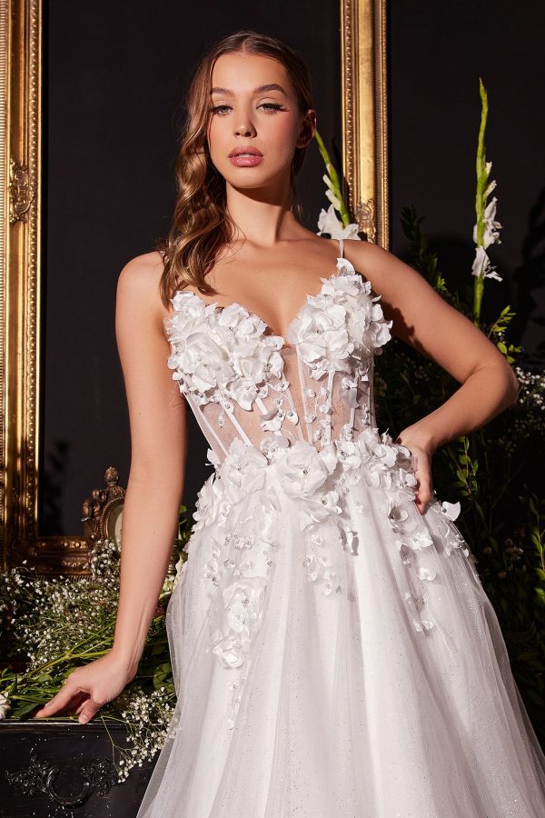 Floral Applique A-line Tulle Boned Bodice V-neck Open Back Long Bridal & Wedding Dress CDCM321W - Image 3