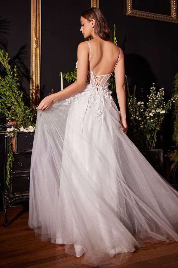 Floral Applique A-line Tulle Boned Bodice V-neck Open Back Long Bridal & Wedding Dress CDCM321W - Image 2
