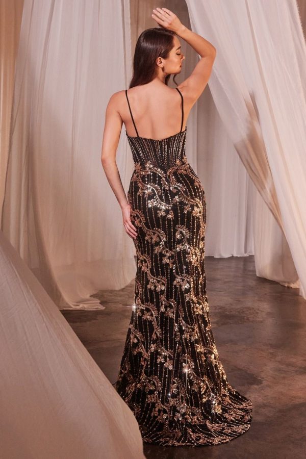Fitted Black & Gold Embellished Glitter Side Slit Sweetheart Long Prom Dress CDCM358 - Image 2