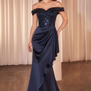 OFF THE SHOULDER SATIN & BEADED GOWN CDCR877