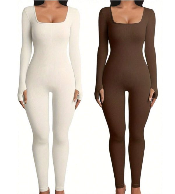 Women's Yoga Sports Fitness Jumpsuit Workout Long Sleeve Square Collar Clothing - Image 4