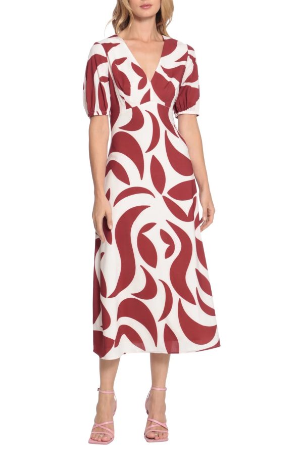 Donna Morgan V Neck Short Puff Sleeves Back Zipper Open Back Detail Midi Dress - Image 5