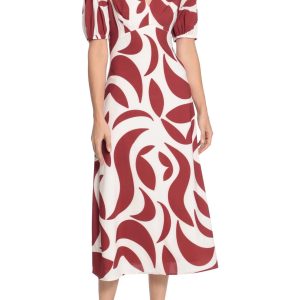 Donna Morgan V Neck Short Puff Sleeves Back Zipper Open Back Detail Midi Dress