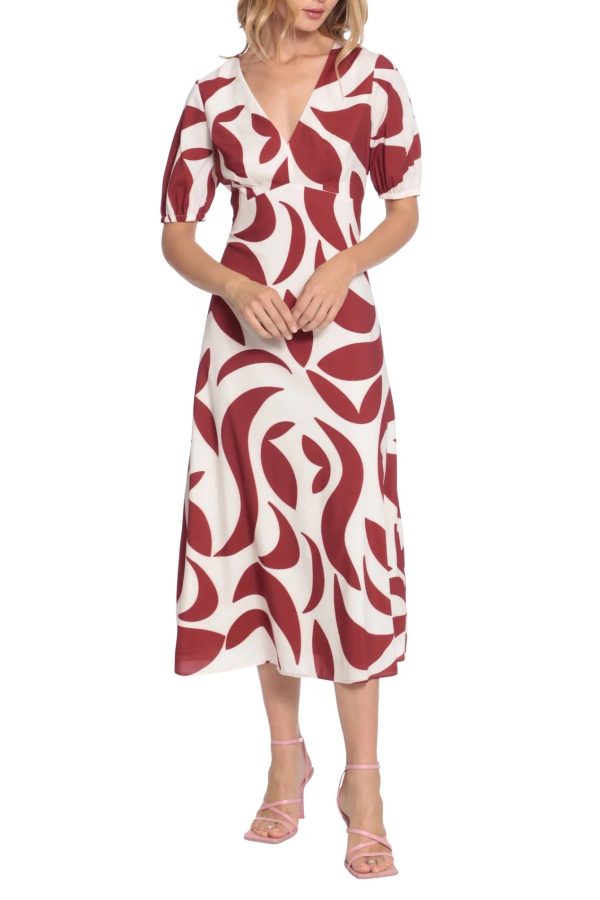Donna Morgan V Neck Short Puff Sleeves Back Zipper Open Back Detail Midi Dress - Image 2