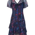 Elie Tahari Embellished V-Neck Slit Short Sleeve Zipper Back Tiered Hem Silk Dress