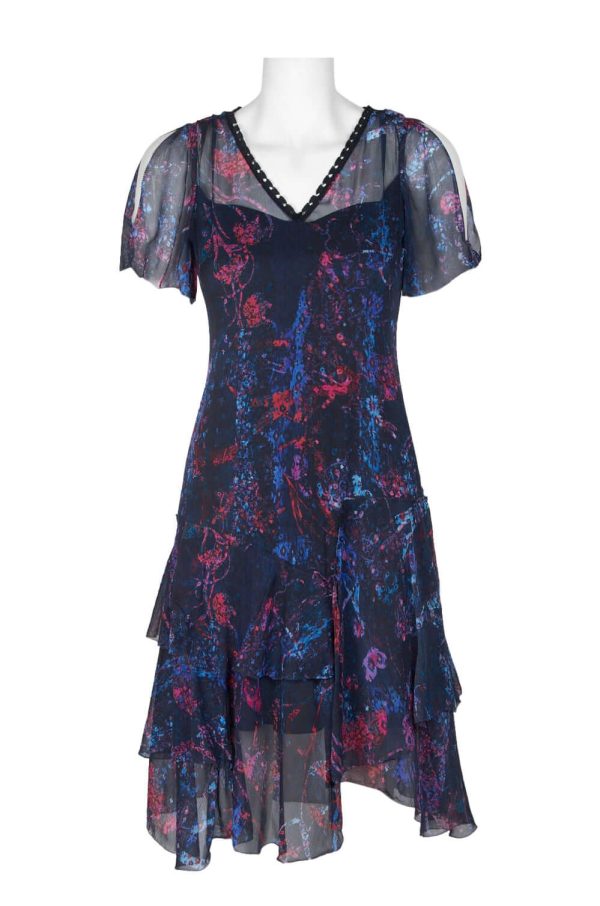 Elie Tahari Embellished V-Neck Slit Short Sleeve Zipper Back Tiered Hem Silk Dress - Image 5