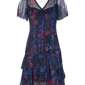 Elie Tahari Embellished V-Neck Slit Short Sleeve Zipper Back Tiered Hem Silk Dress