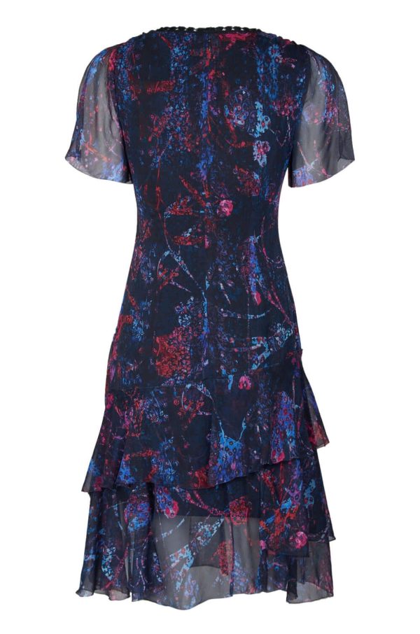 Elie Tahari Embellished V-Neck Slit Short Sleeve Zipper Back Tiered Hem Silk Dress - Image 3