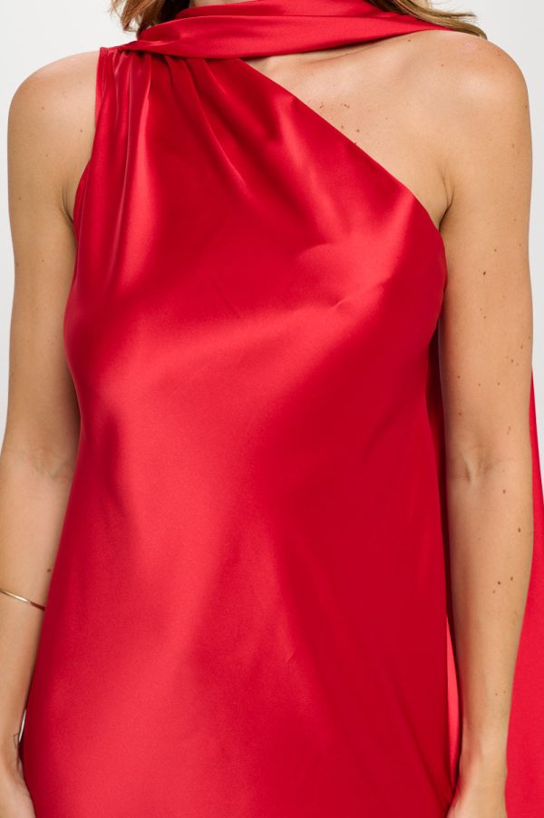 One Shoulder Satin Maxi Dress with Scarf Detail - Image 2