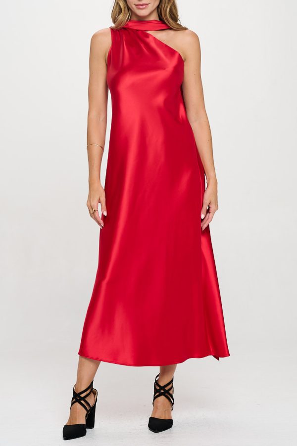 One Shoulder Satin Maxi Dress with Scarf Detail - Image 3