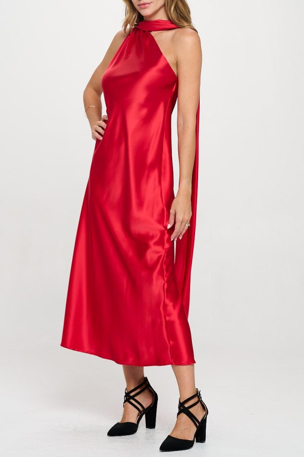 One Shoulder Satin Maxi Dress with Scarf Detail - Image 4