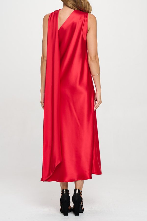 One Shoulder Satin Maxi Dress with Scarf Detail - Image 5