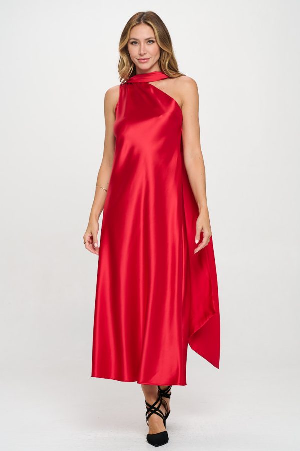 One Shoulder Satin Maxi Dress with Scarf Detail - Image 6