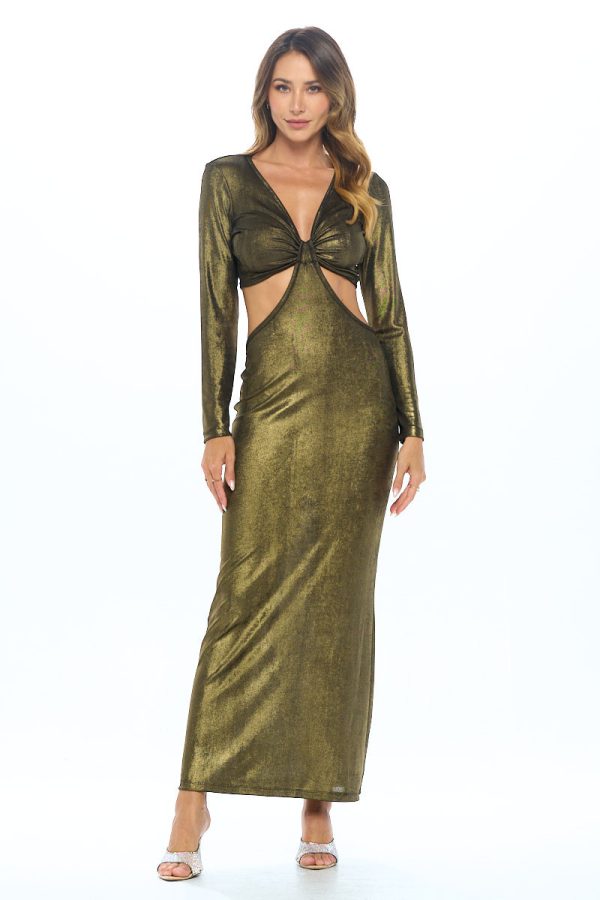 Lurex Metallic V neck Cutout Dress with Slit - Image 2